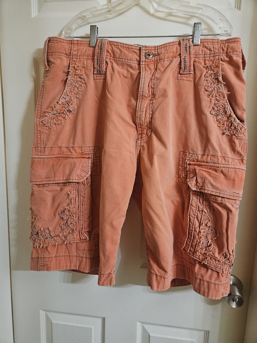 Men's Coral Orange Cargo Shorts with Distressed Detail